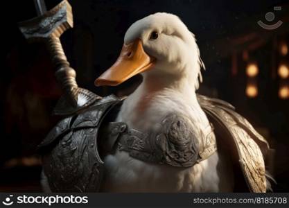 A white duck as a barbarian with a big axe and shining armour created with generative AI technology