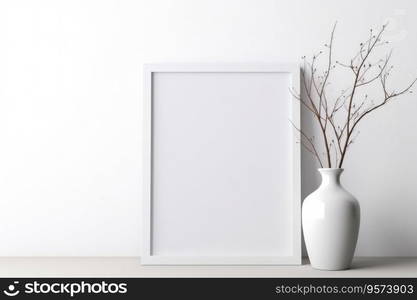 A white frame stands on a table with a white vase and dry branches. A white frame stands on a table with a vase and branches