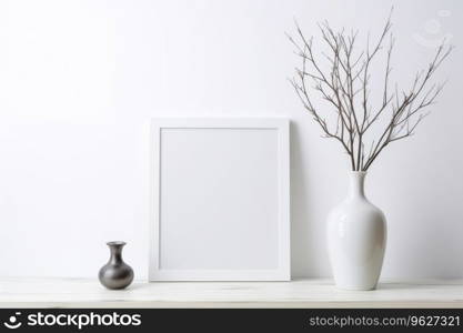 A white frame stands on a table with a white vase and dry branches. A white frame stands on a table with a vase and branches