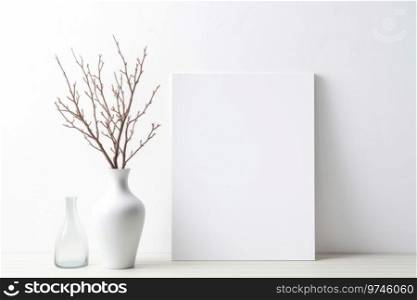 A white frame stands on a table with a white vase and dry branches. A white frame stands on a table with a vase and branches
