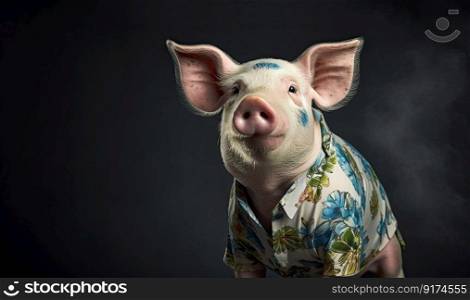 A white pig posing in a Hawaiian shirt, in the style of conceptual portraiture with a dark background by generative AI