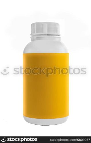 A white plastic container, commonly used for pills and tablets, with a yellow label and a white lid stands on a white isolated background.