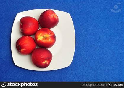 A white plate with nectarines isolated on a blue background
