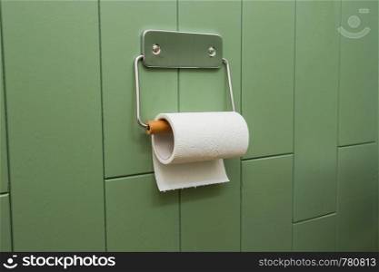 A white roll of soft toilet paper neatly hanging on a modern chrome holder on a green bathroom wall. modern design. A white roll of soft toilet paper neatly hanging on a modern chrome holder on a green bathroom wall.