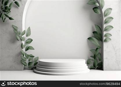 A white round podium with a plant in it and a white vase with a green plant in it
