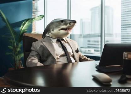 A white shark sitting in an office wearing a business suit created with generative AI technology