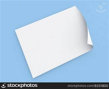 A white sheet of paper with a curved edge in A4 size on a blue background. 3d render illustration.. A white sheet of paper with a curved edge in A4 size on a blue background. 