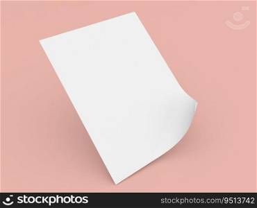 A white sheet of paper with a curved edge in A4 size on a orange background. 3d render illustration.. A white sheet of paper with a curved edge in A4 size on a orange background. 