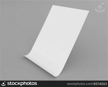 A white sheet of paper with a curved edge in A4 size on a grey background. 3d render illustration.. A white sheet of paper with a curved edge in A4 size on a grey background. 