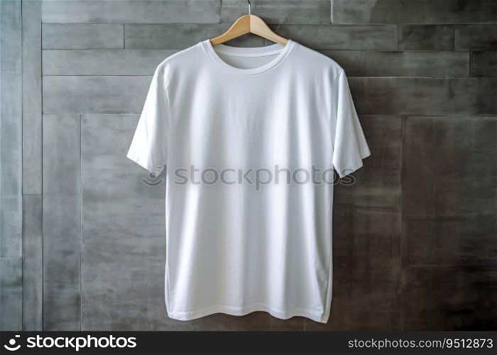 A white T-shirt hangs on a hanger against a concrete wall, a place for text. A white T-shirt is hanging on a hanger