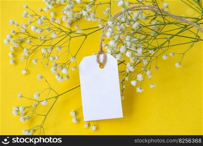 A white tag with a thread on a bright yellow background in a bouquet of gypsophila flowers. Layout of the label with a white price tag. A place to copy. Frame of gypsophila flowers. A white tag with a thread on a bright blue background in a bouquet of gypsophila flowers.