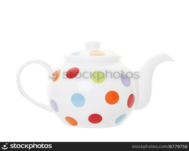 A white teapot with multicolored polka dots. Isolated with clipping path.