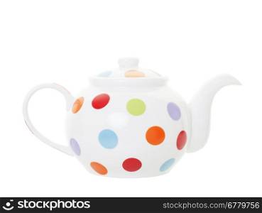 A white teapot with multicolored polka dots. Isolated with clipping path.