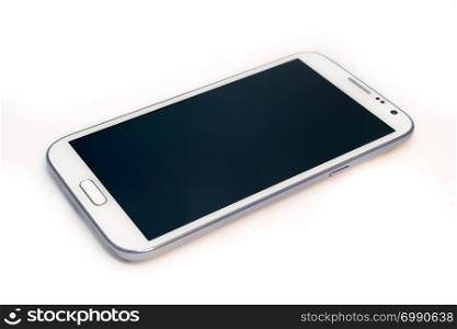 A white touchscreen smart phone with a blank screen