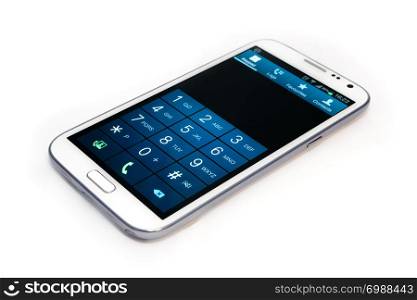 A white touchscreen smart phone with dial screen