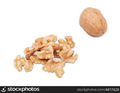A whole walnut along with some peeled isolated on white background