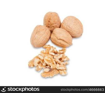 A whole walnut along with some peeled isolated on white background
