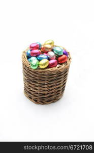 A wicker basket with chocolate easter eggs