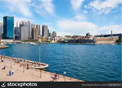 A wide angle shot of Sydney central business district skylne and circular quay from sydney opera house. Overview of Sydney CBD skyline