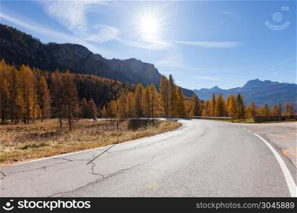 A winding asphalt road curves through autumn trees and mountains. Alpine mountain landscape. A winding road curves through autumn trees in New England