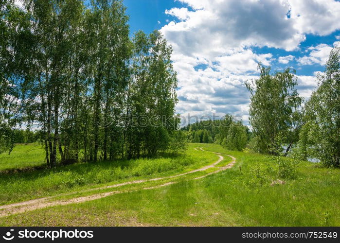 A winding dirt road by the river on a sunny summer day, Russia.