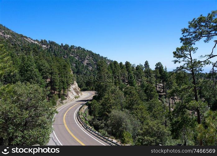 A winding road along Mt Lemmon Scenic byway near Tucson, Arizona