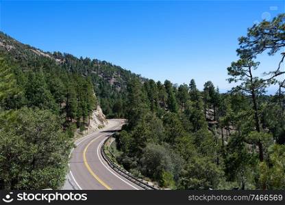 A winding road along Mt Lemmon Scenic byway near Tucson, Arizona