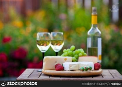 A wine & cheese garden party for two. Shallow depth of field.