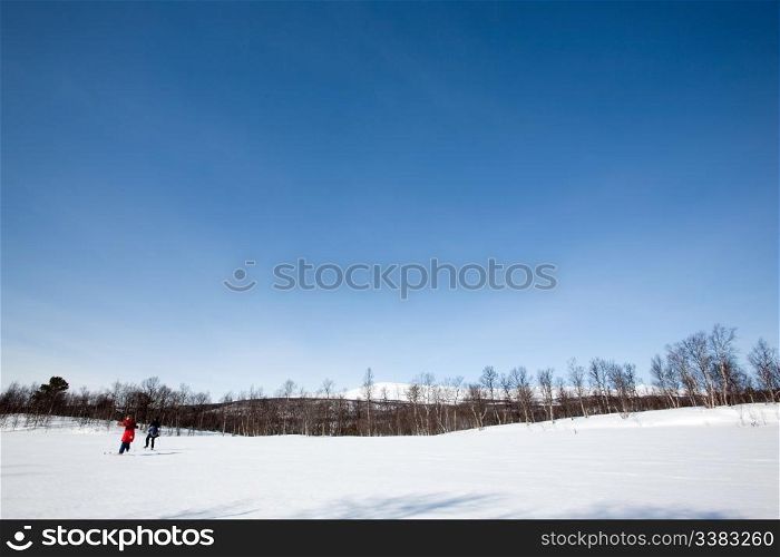 A winter landscape with two skiers skating on the snow