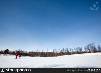 A winter landscape with two skiers skating on the snow