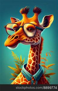 A wise and scholarly giraffe wearing a shirt and glasses in a tropical setting.  Illustration created with the help of Generative AI Technology.