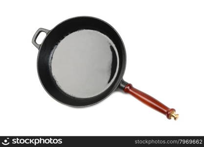 A wok with a wooden handle on a white background. Wok.