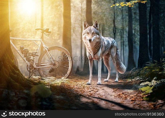 A wolf basks in the warm sunlight that filters through a forest, nearby a bicycle, made with generative ai