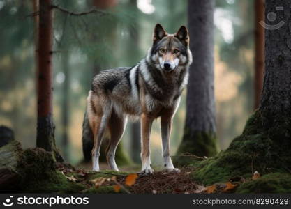 A wolf in a northern european forest created with generative AI technology