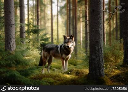 A wolf in a northern european forest created with generative AI technology
