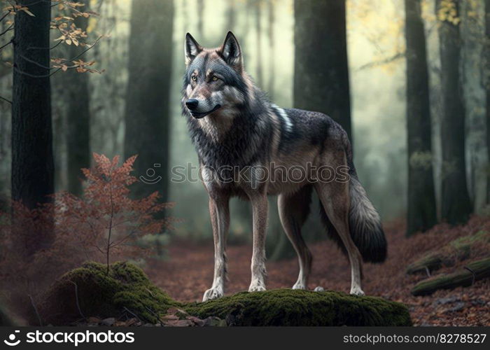 A wolf in the forest in summer. distinct generative AI image.. A wolf in the forest in summer