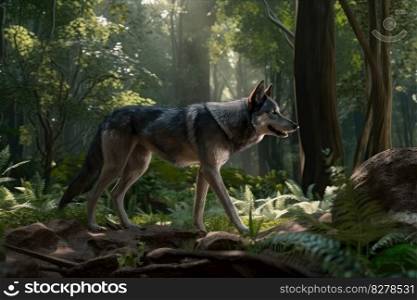 A wolf in the forest in summer. distinct generative AI image.. A wolf in the forest in summer