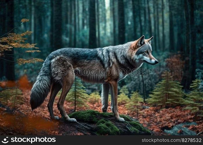 A wolf in the forest in summer. distinct generative AI image.. A wolf in the forest in summer
