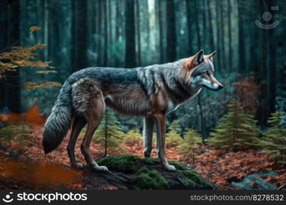 A wolf in the forest in summer. distinct generative AI image.. A wolf in the forest in summer