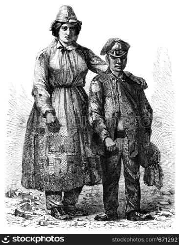 A woman and a young worker of mine in Pontypool, vintage engraved illustration. Le Tour du Monde, Travel Journal, (1865).