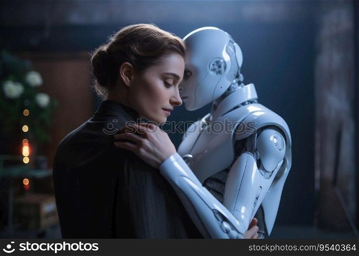 A Woman and an AI robot posing in love created with generative AI technology