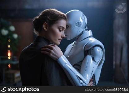 A Woman and an AI robot posing in love created with generative AI technology
