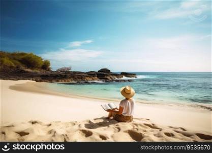 A woman at a tropical beach relaxing while reading a book created with generative AI technology