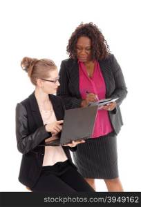 A woman business team working together, an African American andCaucasian, with a laptop, isolated for white background.