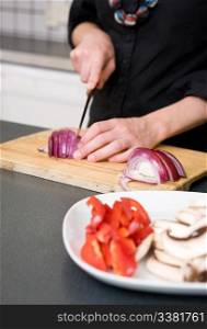 A woman cutting vegetables at home on the counter. A shallow depth of field is used to bring the hands and red onion in to attention.