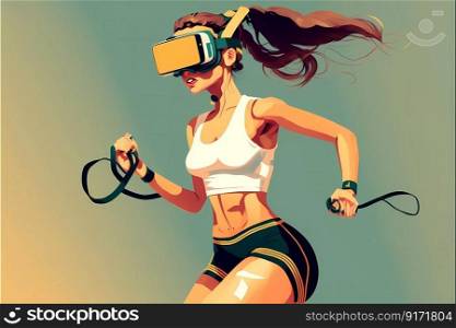 A woman doing fitness with virtual reality googles. Cartoon abstract illustration. High quality illustration. A woman doing fitness with virtual reality googles. Cartoon abstract illustration.