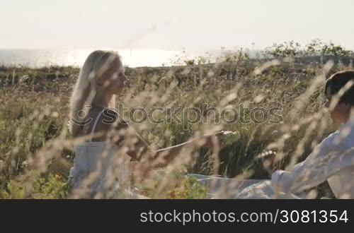 A woman gives a sandwich to a man on a picnic and waves her hand. Slow motion.