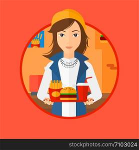A woman holding tray full of junk food. Woman in fast food restaurant. Woman having lunch in a fast food restaurant. Vector flat design illustration in the circle isolated on background.. Woman with fast food.