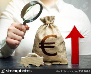 A woman inspects a euro money bag and a car. Rise of fuel excise taxes. Growing sales. Electric vehicle support subsidies. Expensive car maintenance. High price of insurance. Increase in prices. ICE.