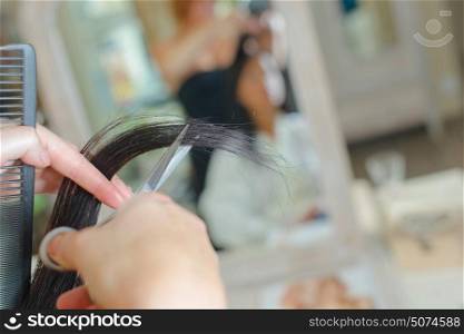 a woman is having her hair cut